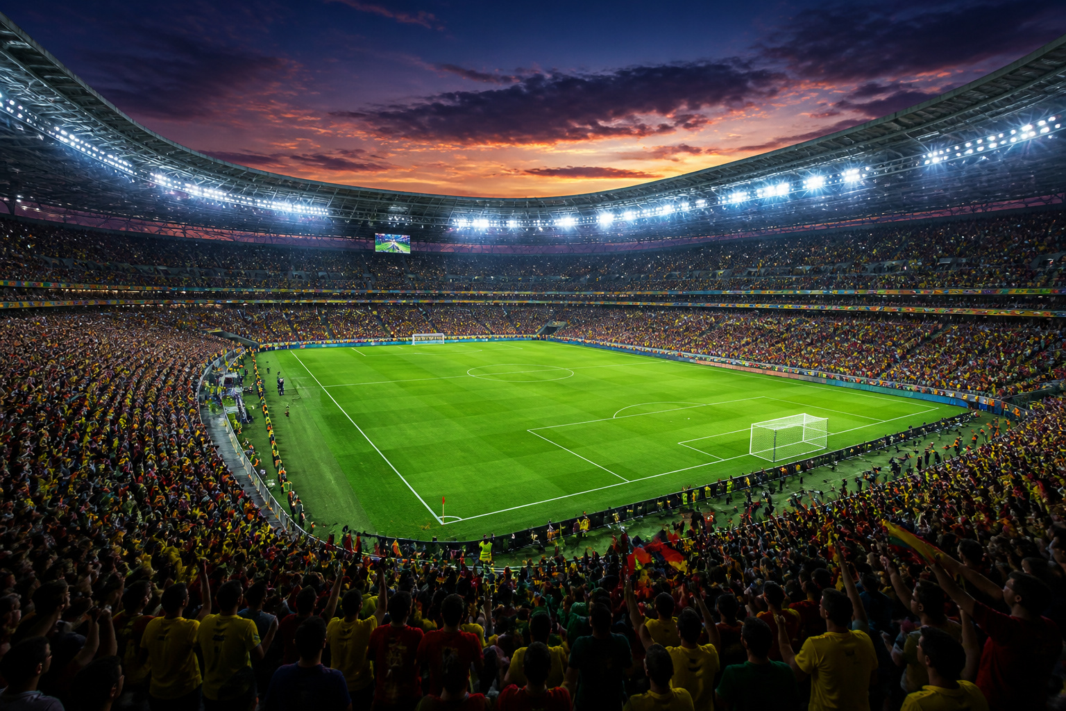 Stade de football illumine au crepuscule
