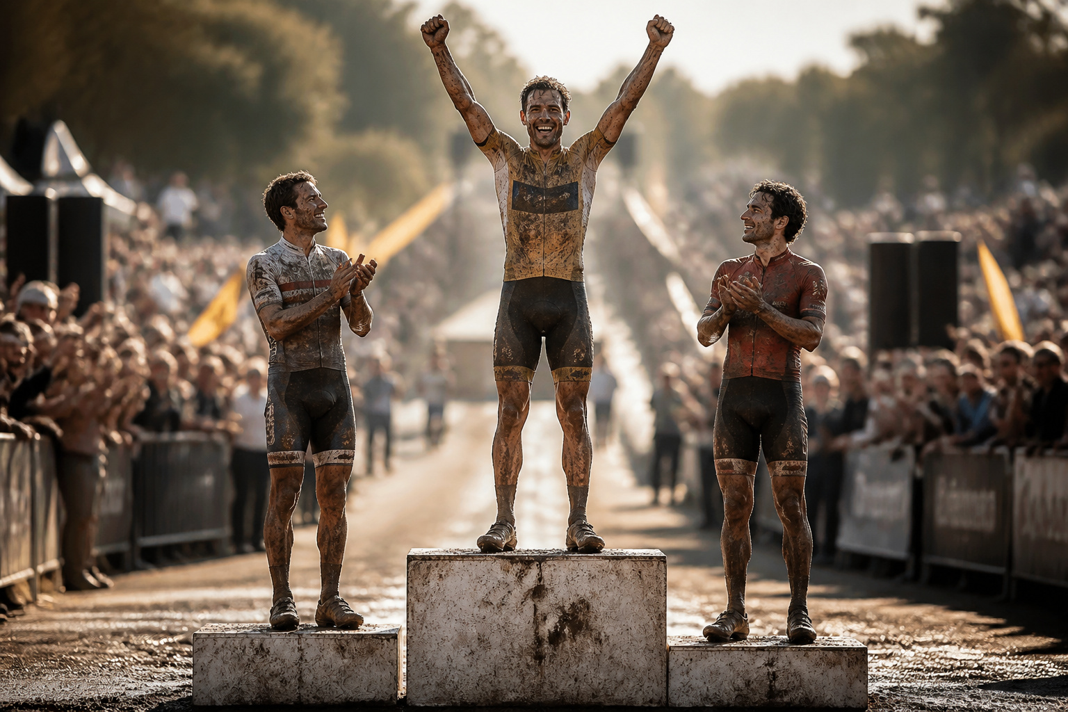 Podium de cyclisme victoire boueuse