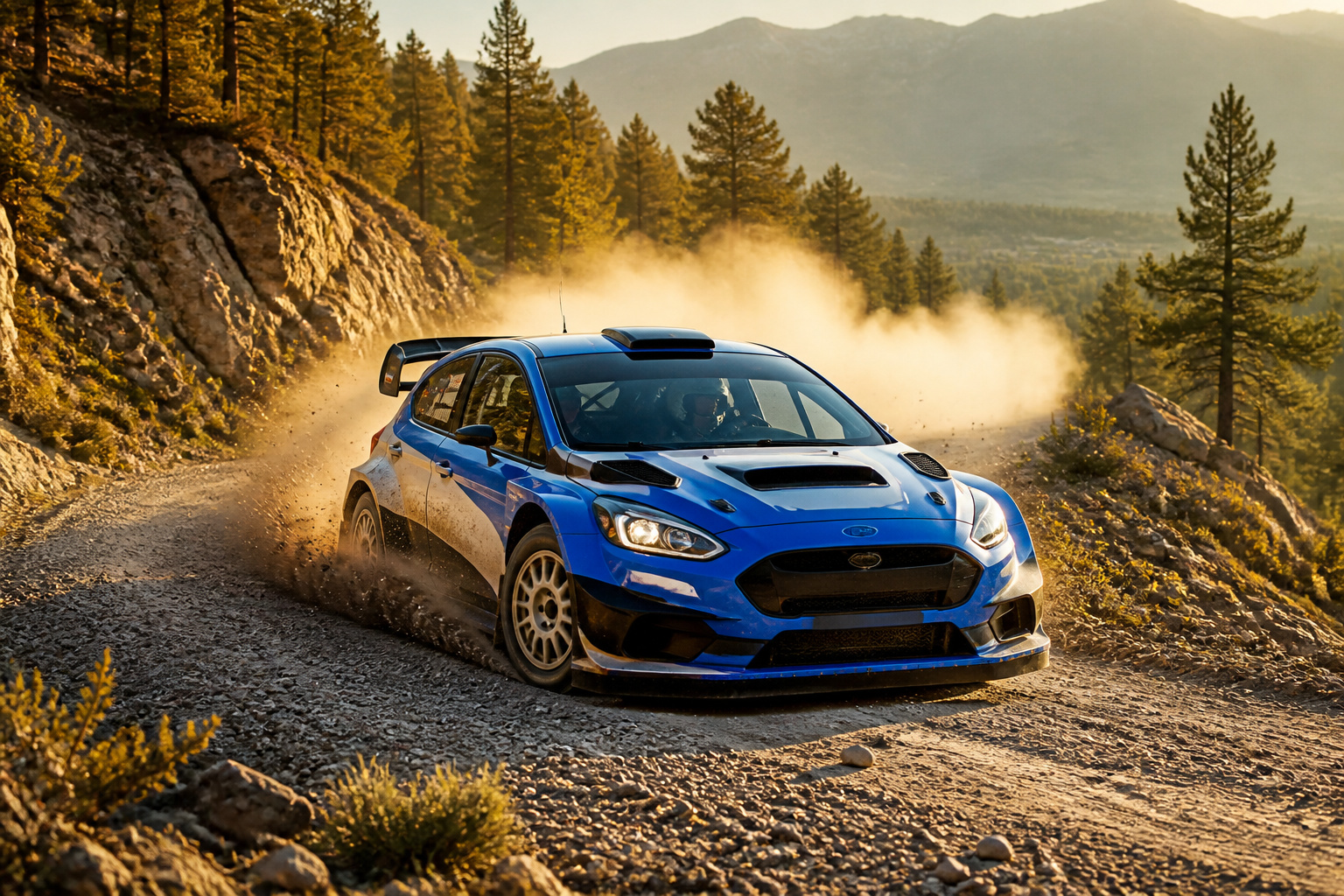 Voiture de rallye bleue en action dans la poussiere