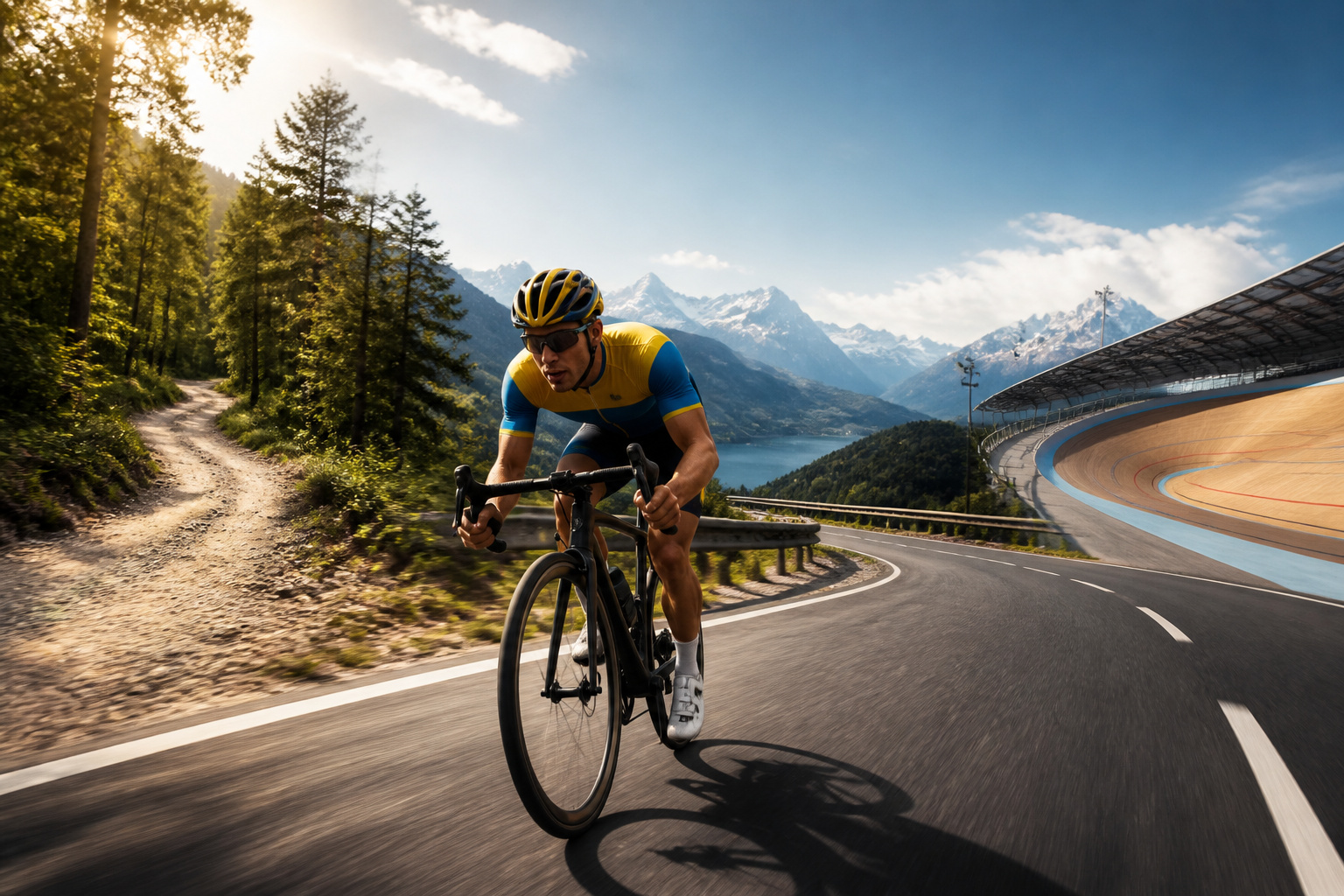 Cycliste en plein elan sur route panoramique