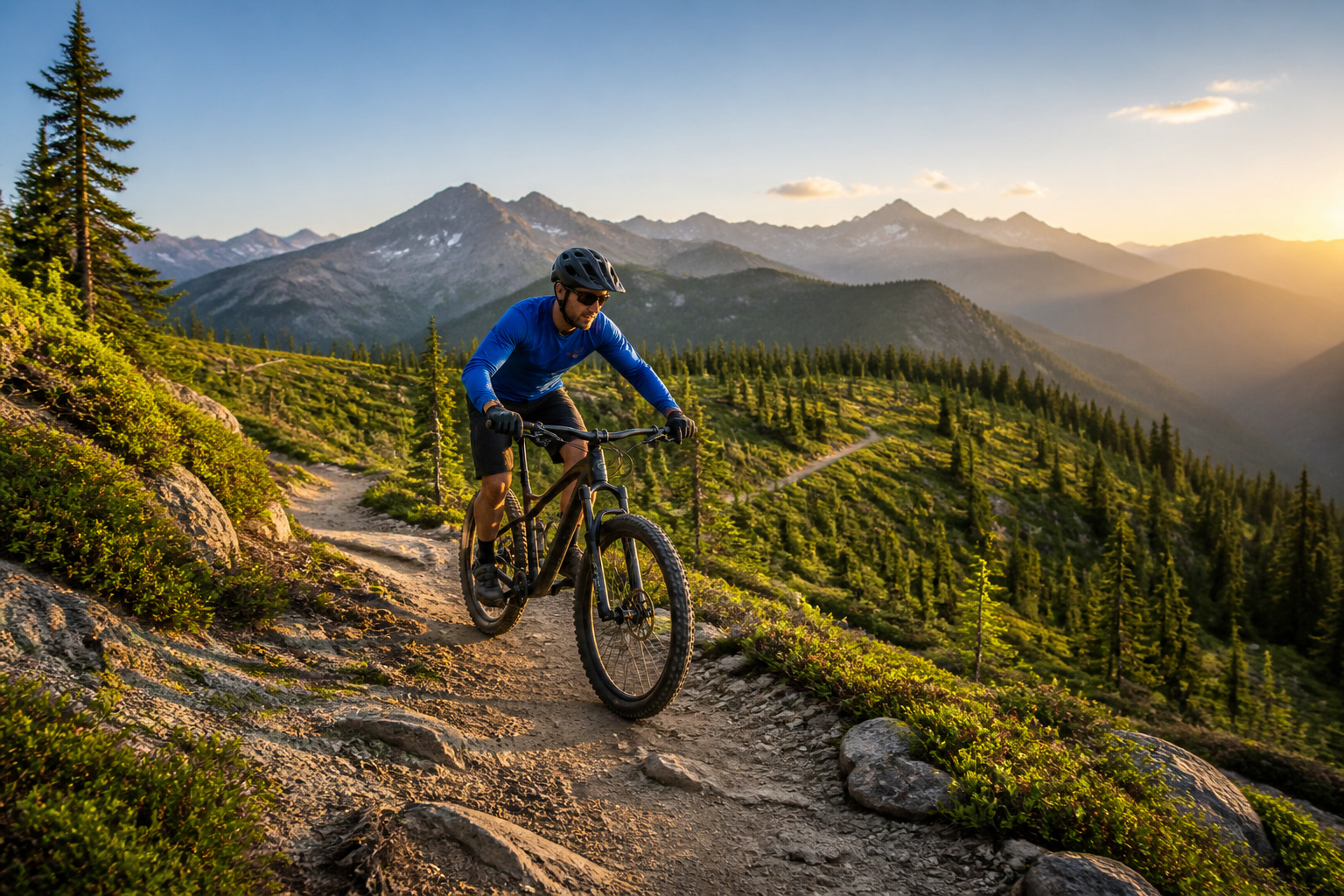 Vtt en montagne au coucher du soleil
