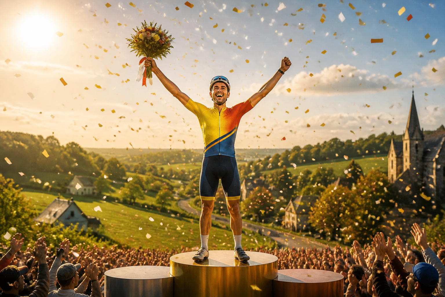 Cycliste victorieux sous confettis dores