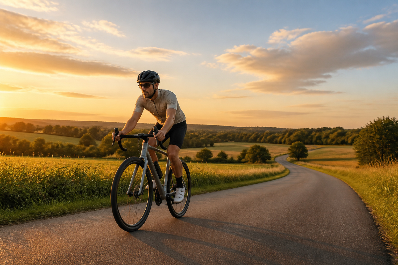 Cycliste sur route de campagne au coucher du soleil