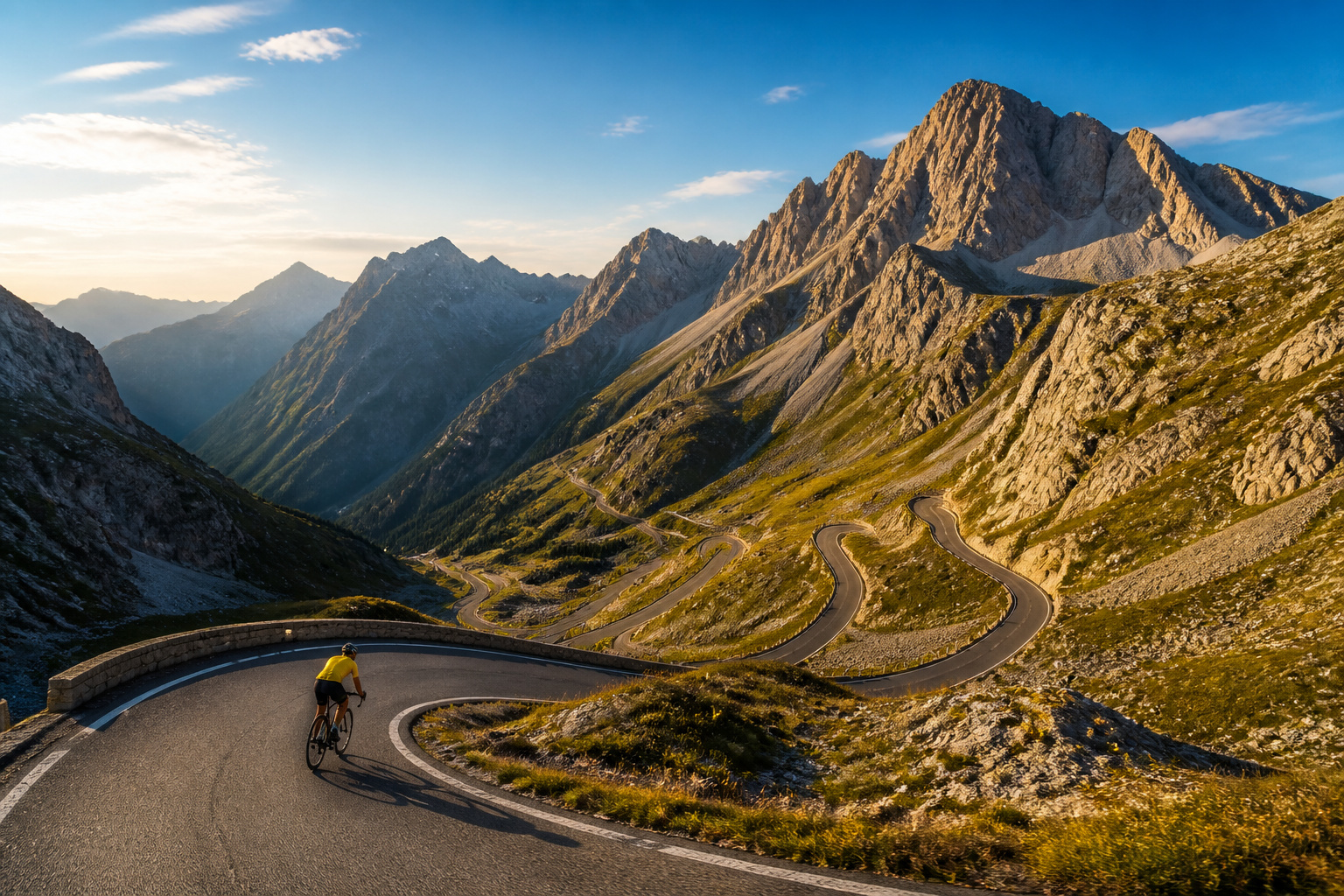 Cycliste sur un col de montagne epique