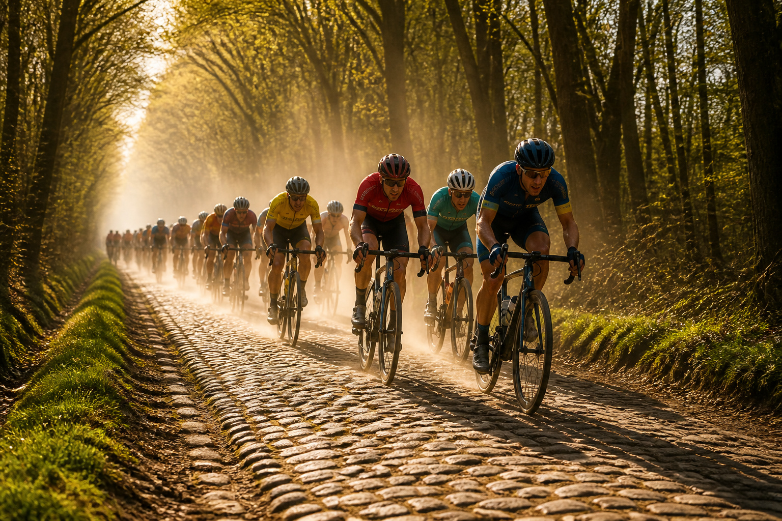 Cyclistes sur paves sous le soleil