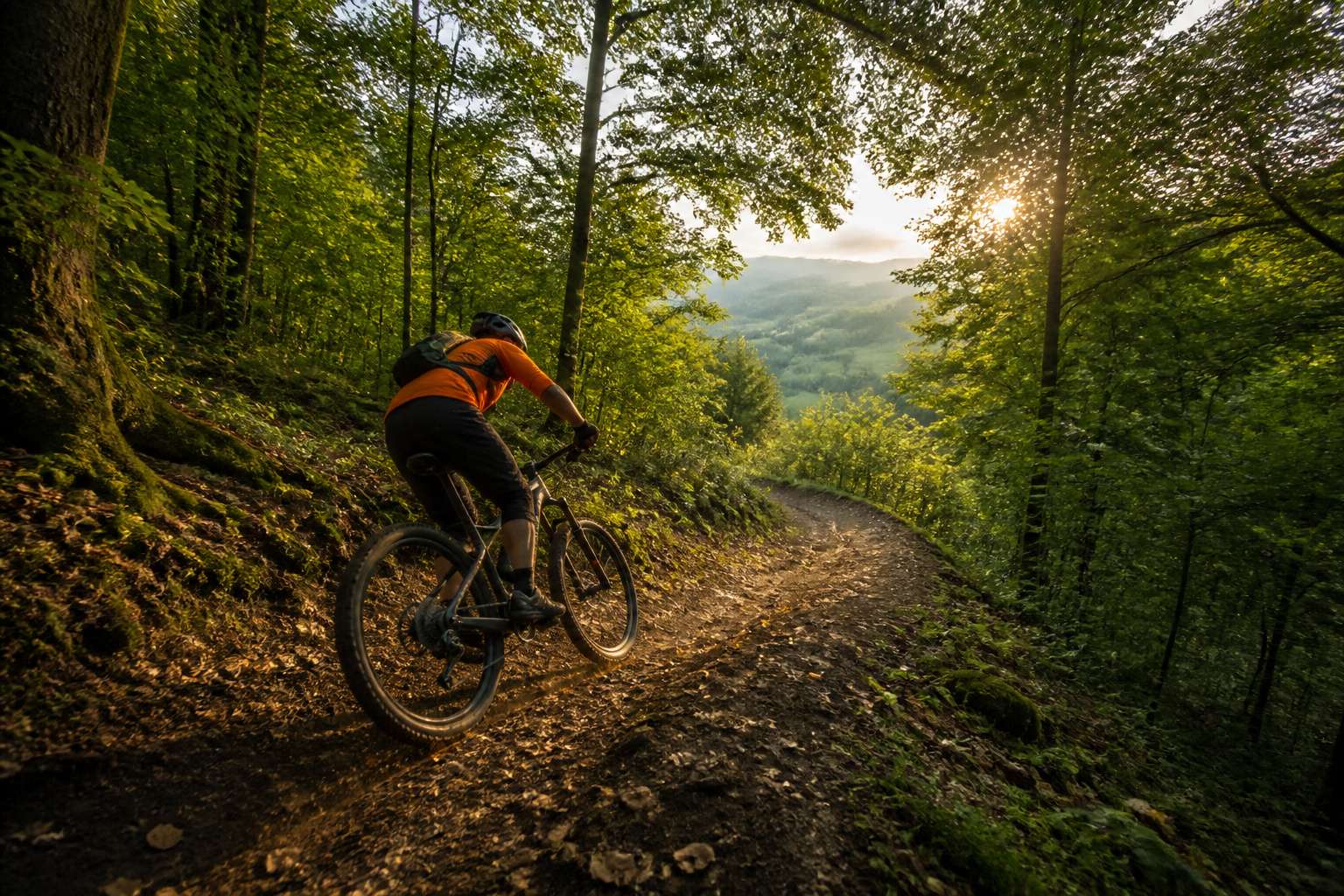 Vtt en foret au coucher du soleil
