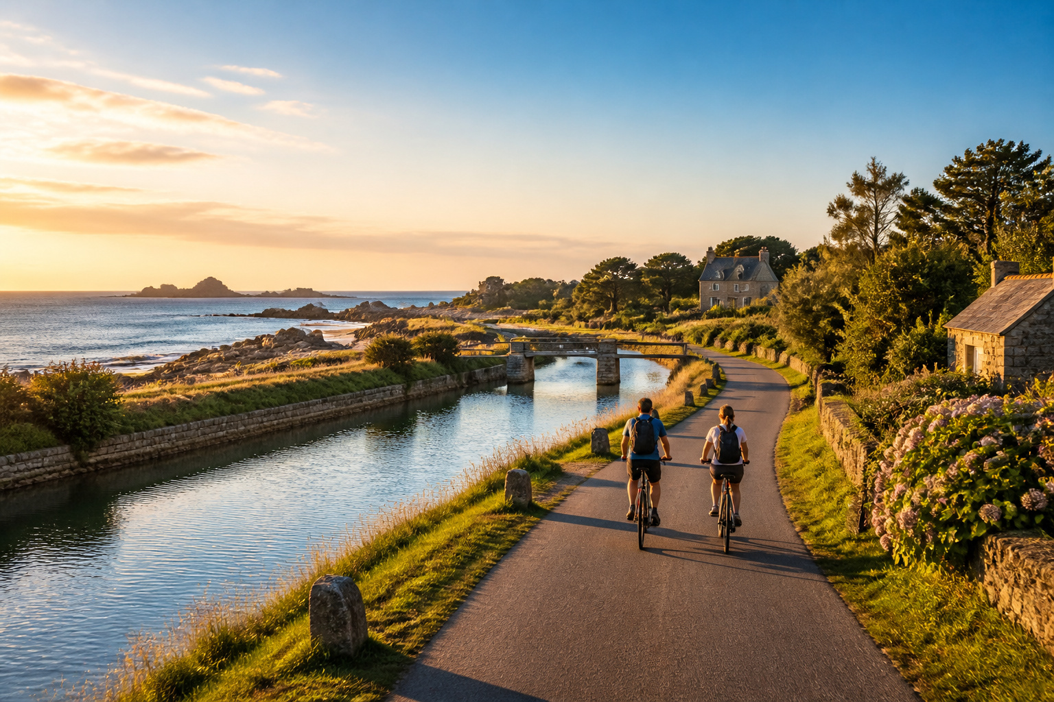 Cyclisme au coucher du soleil en bretagne