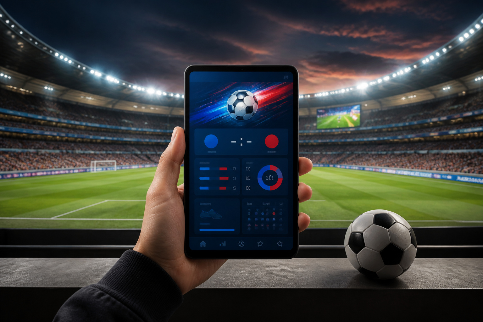 Application de football sur smartphone dans un stade