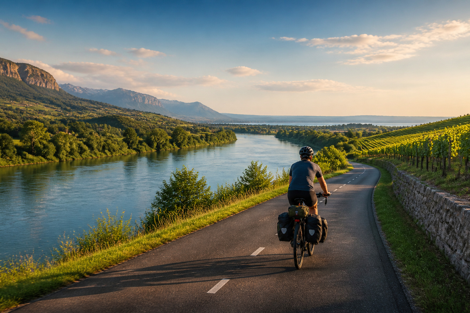 Cyclotourisme au soleil couchant sur le rhone
