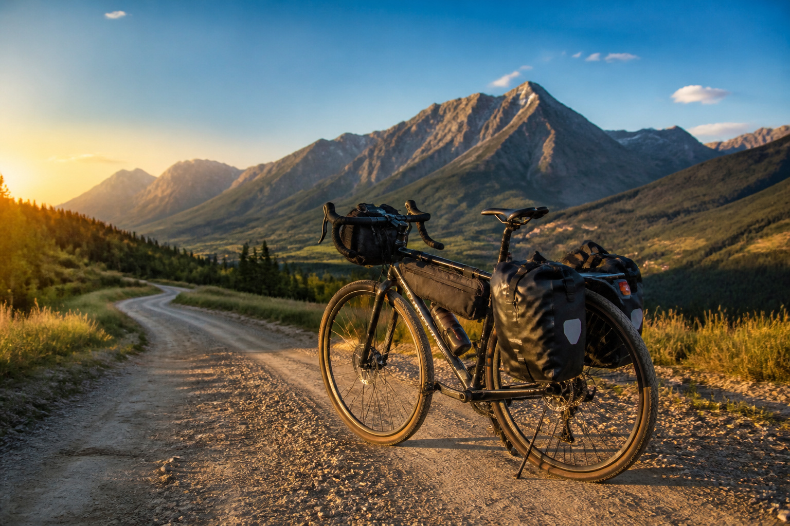 Velo de voyage au coucher du soleil