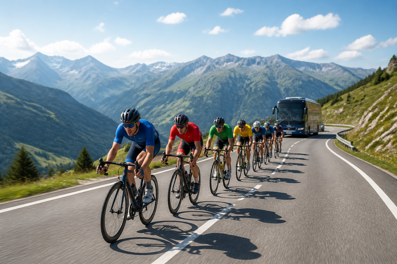 Equipe cycliste pro en pleine course montagneuse