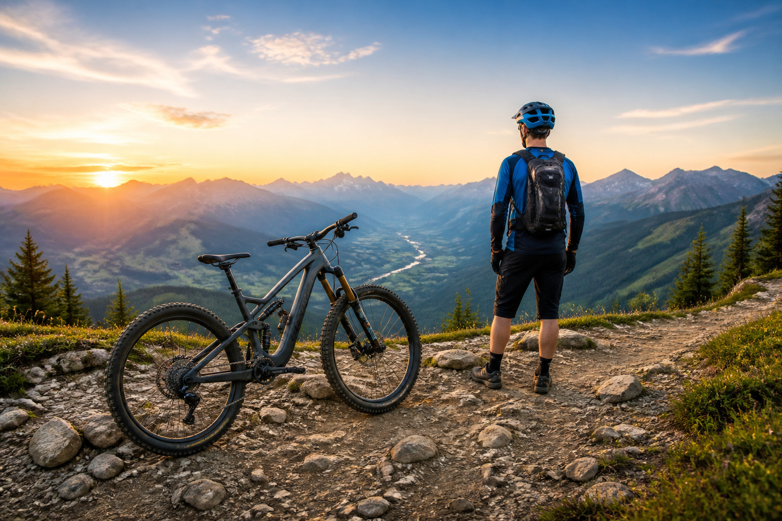 Vtt et paysage au coucher du soleil