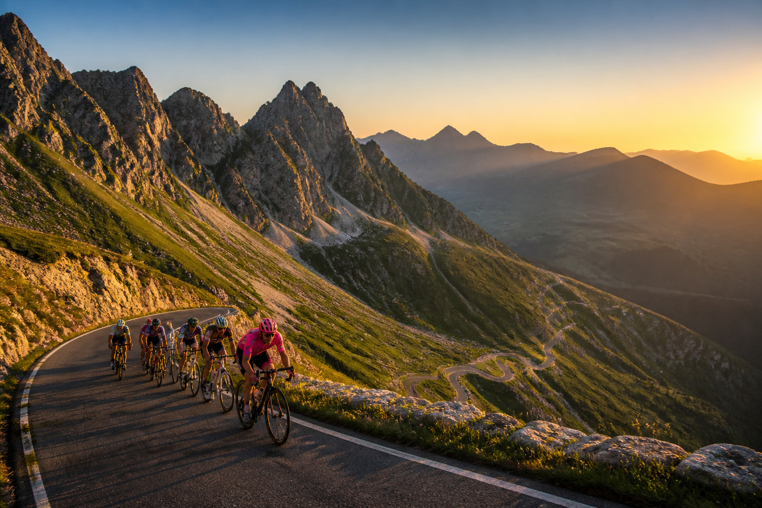 Cyclistes en ascension au coucher du soleil
