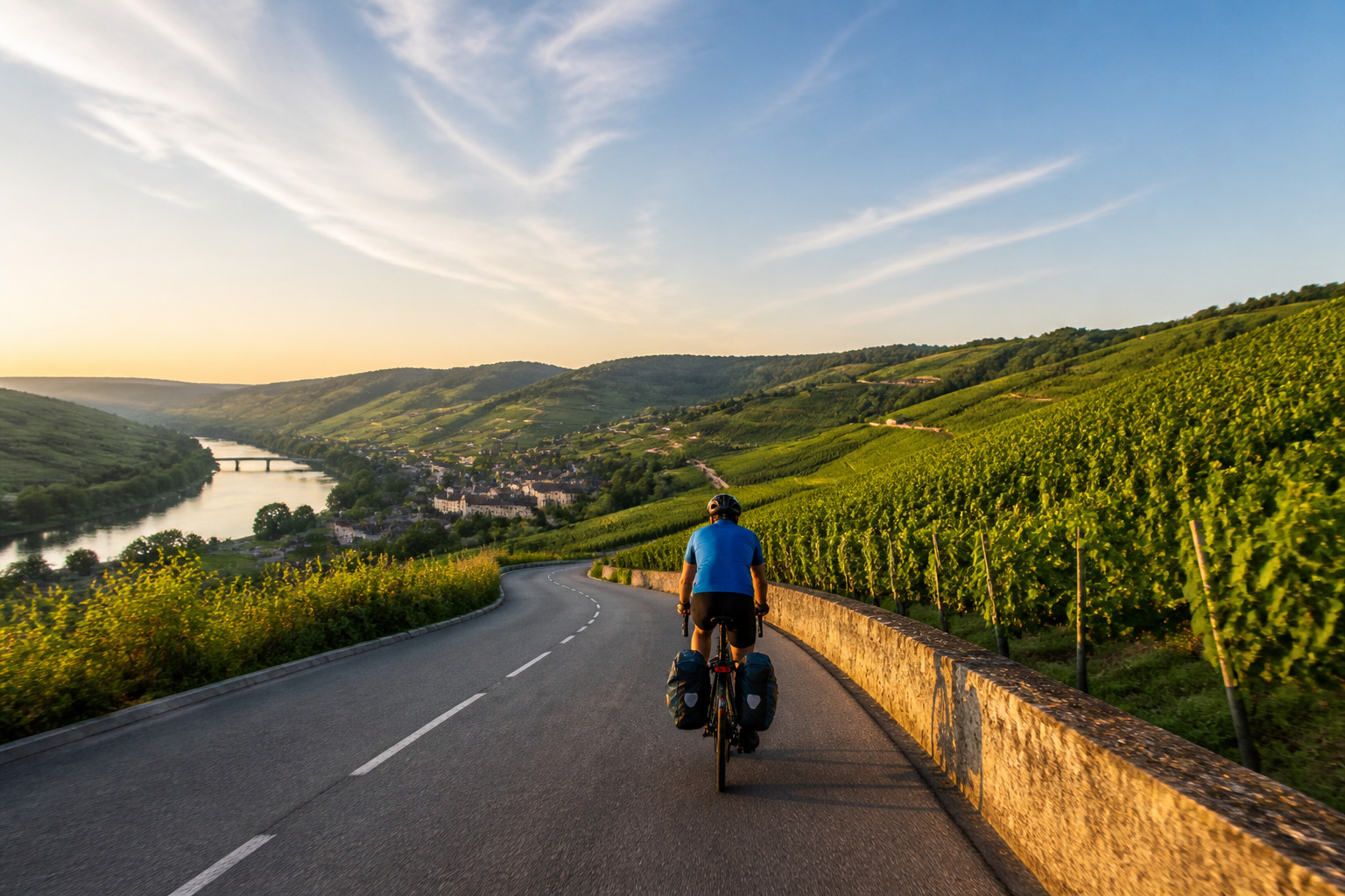 Cycliste en france au coucher du soleil
