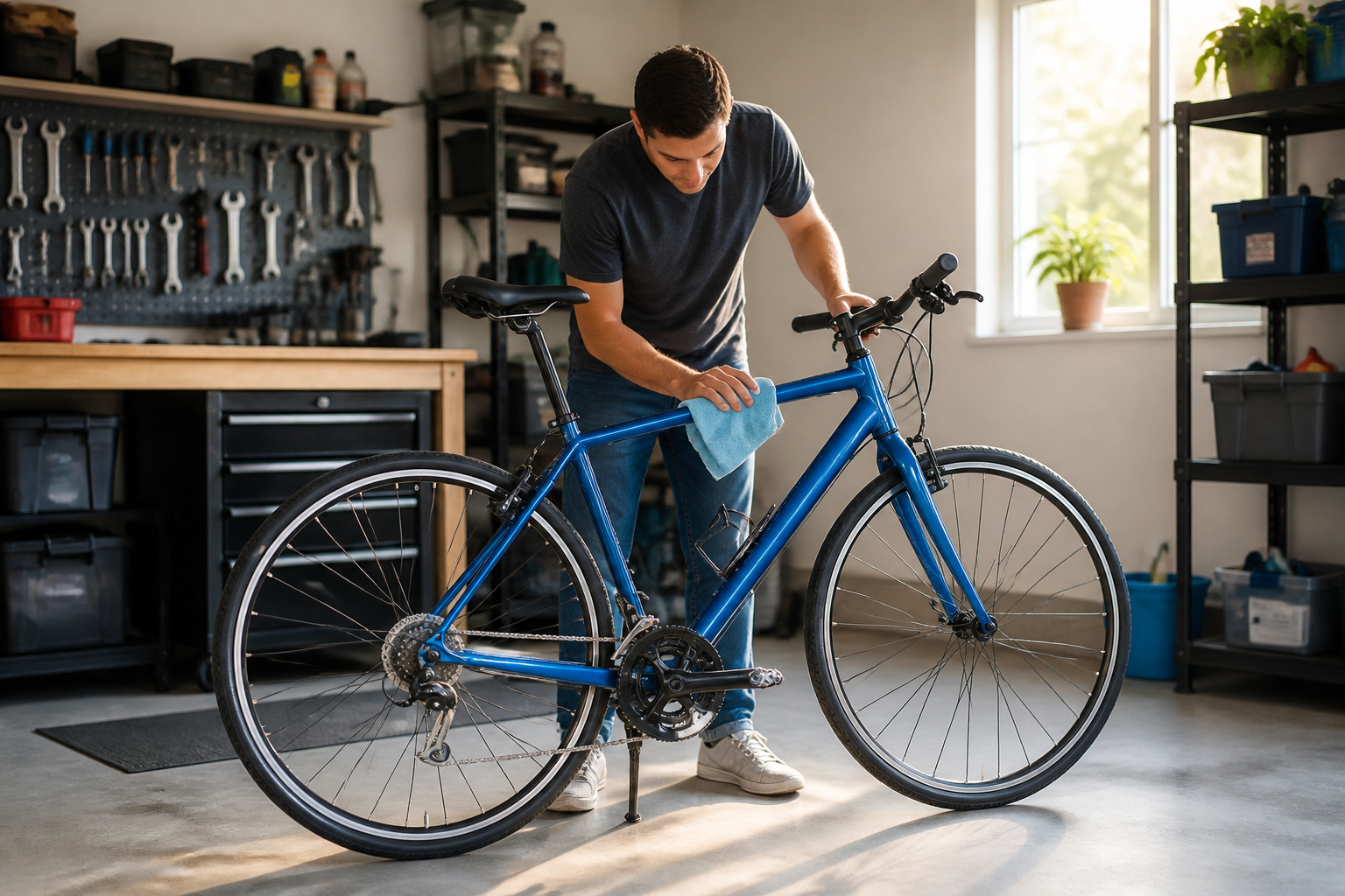 Preparation meticuleuse dun velo bleu vif